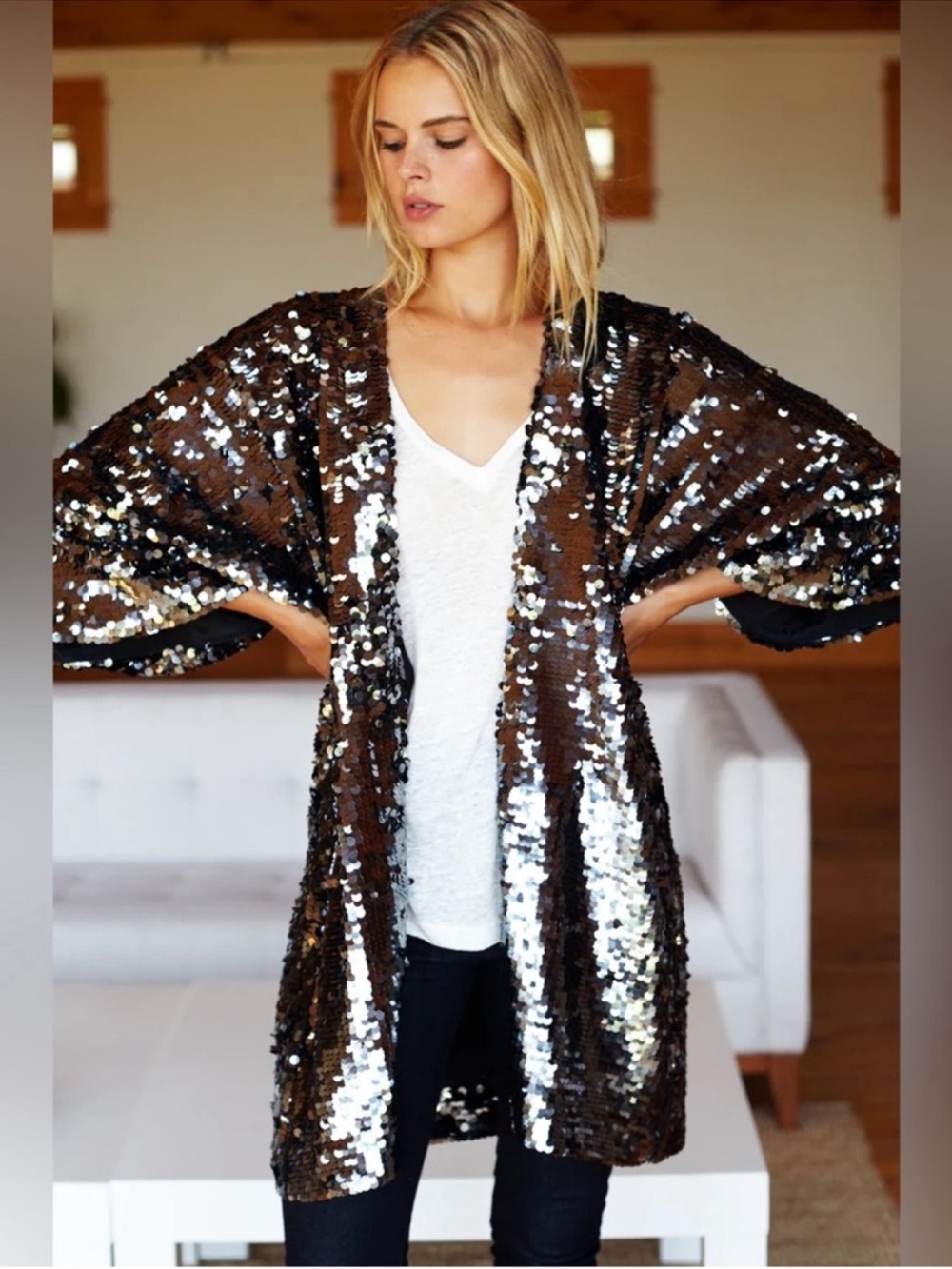 Sequin Cover-Up Kimono in Black and Silver small concert festival